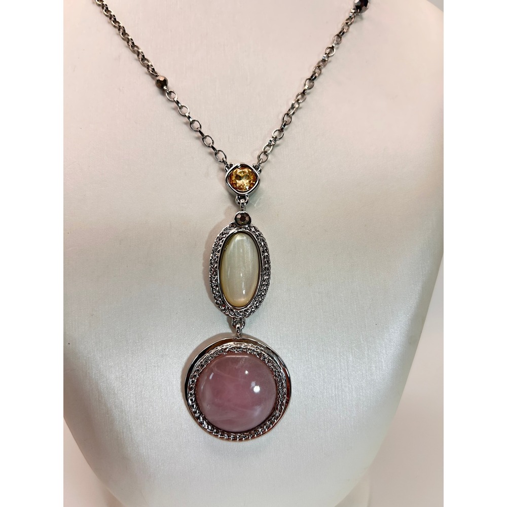 Chicos Pendant Necklace Womens OS Pink Cream Silver Tone Good Multi Stone Drop